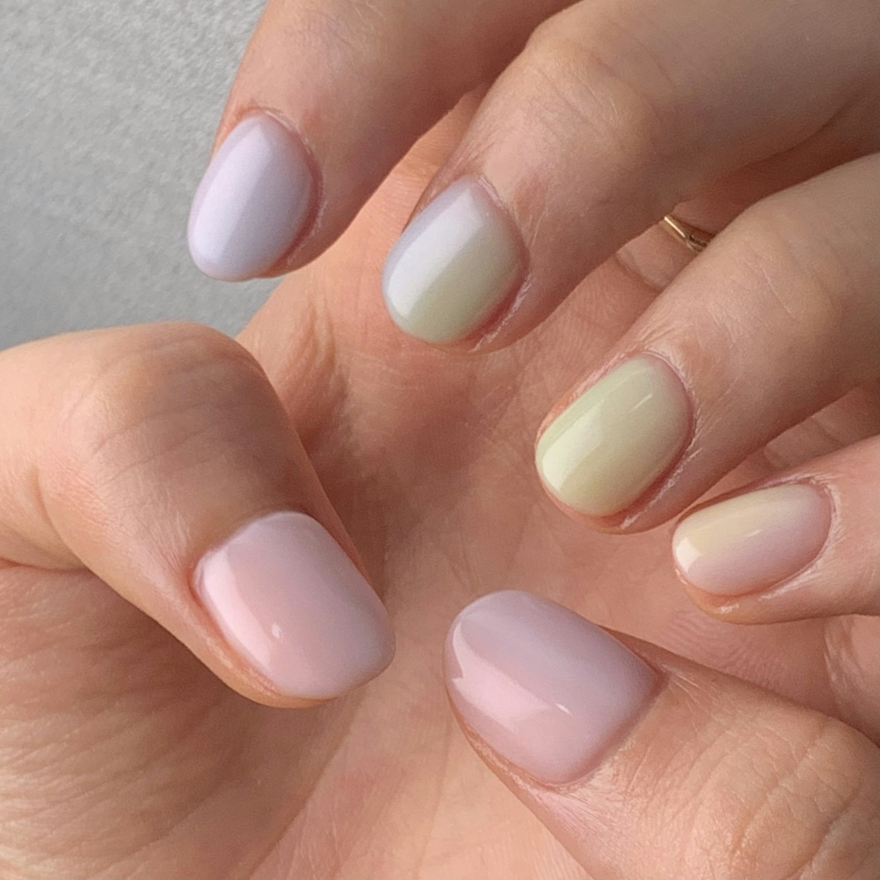 Pastel glazed manicure in pink, lilac and pale green