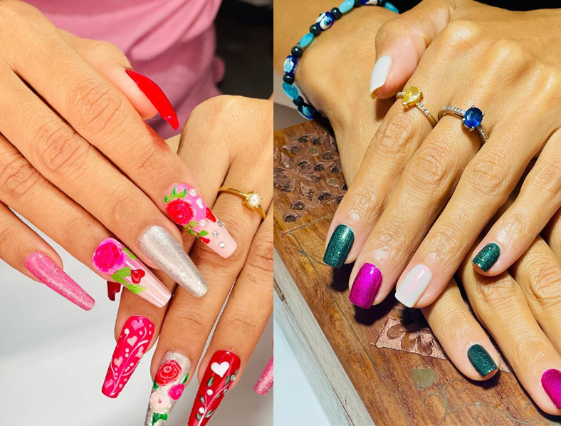 Colorful floral, shimmer, and solid manicure examples